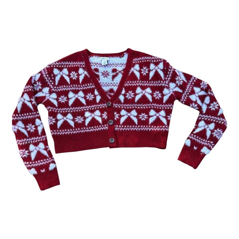 Sincerely Jules Womens Cropped Cardigan XS Red Fair Isle Bow Snowflake Holiday